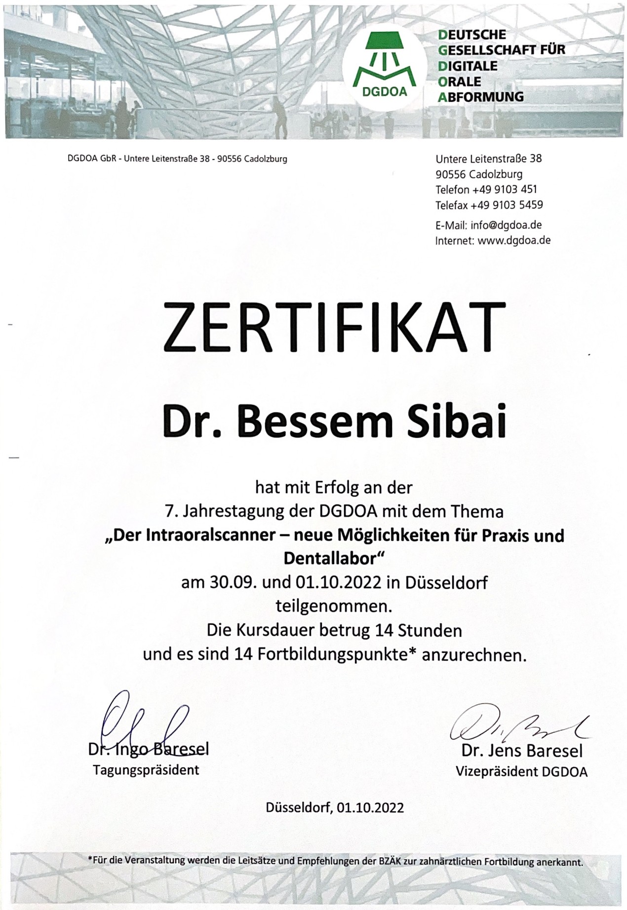 Zertifikat Intraoralscanner Digitale Abformung Dr. Bessem Sibai Zahnarztpraxis BochumDent