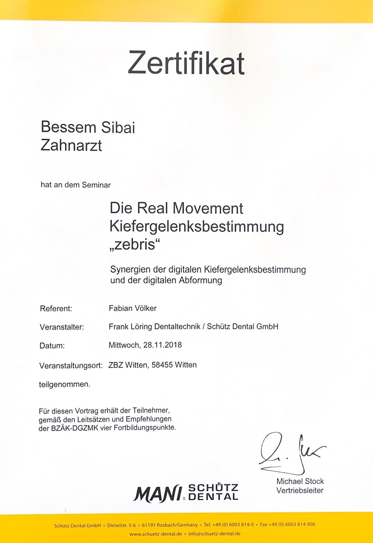 Zertifikat Digitale Kiefergelenksbestimmung zebris CMD Bessem Sibai Zahnarztpraxis BochumDent