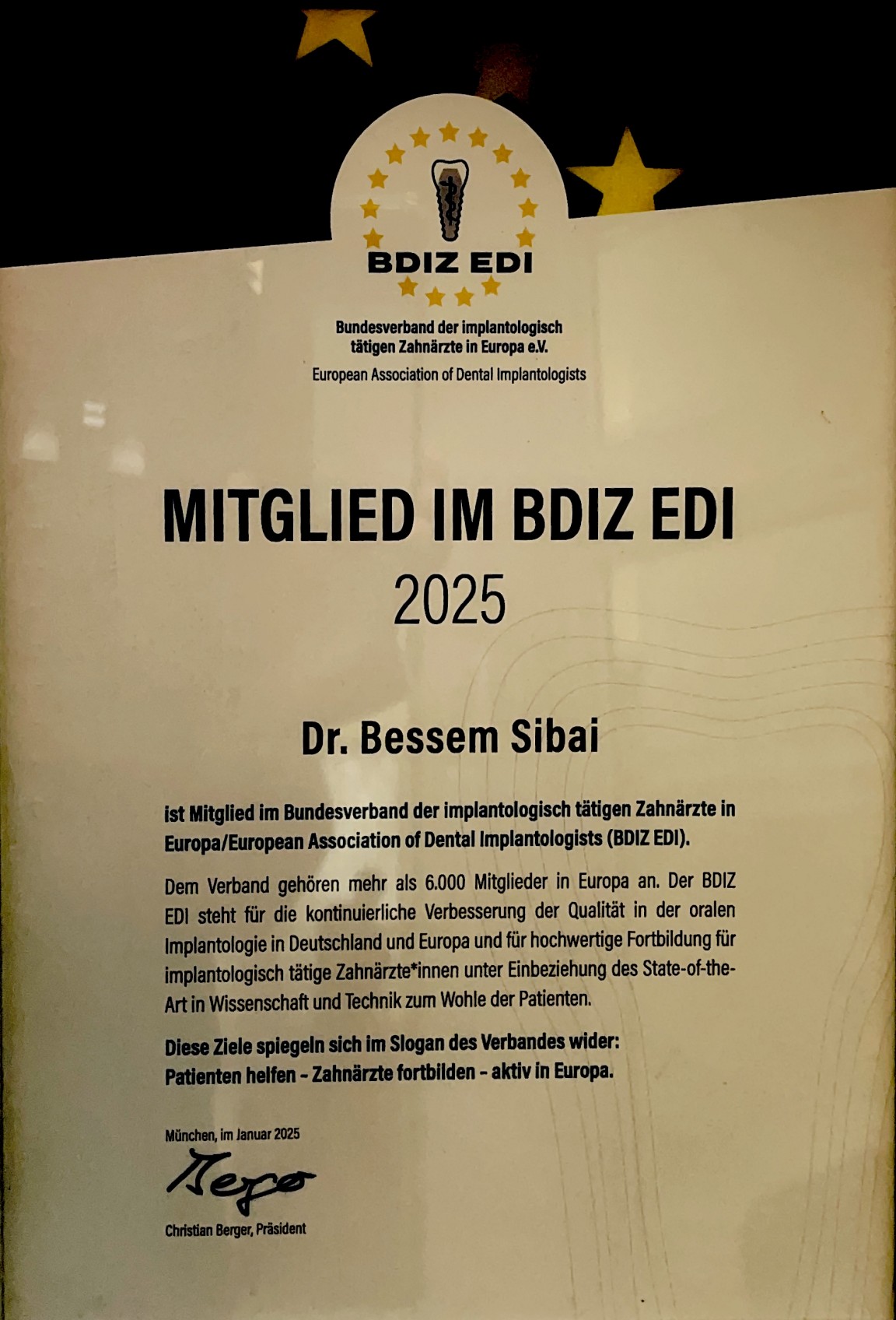 Zertifikat Mitgliedschaft BDIZ EDI Europäischer Verband Implantologie Dr. Bessem Sibai Zahnarztpraxis BochumDent