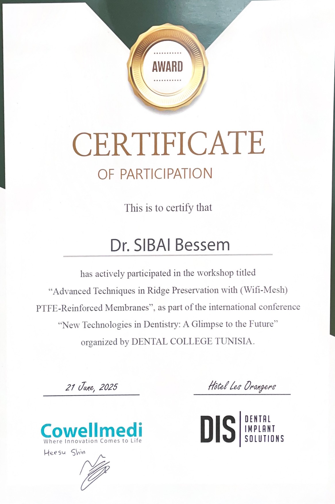 Zertifikat Ridge Preservation Knochenerhalt Dr. Bessem Sibai Zahnarztpraxis BochumDent