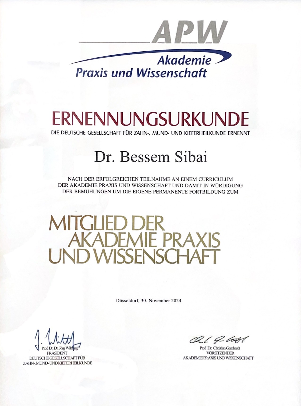 Ernennungsurkunde APW Mitglied Dr. Bessem Sibai Zahnarztpraxis BochumDent