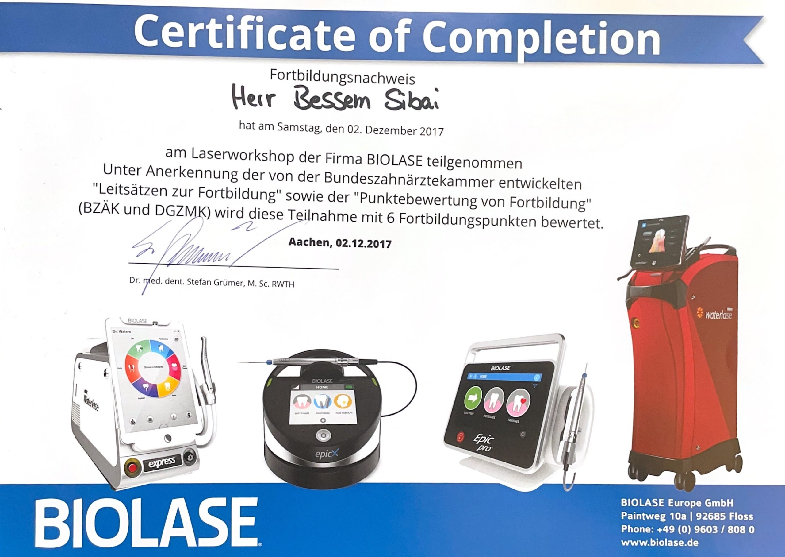 Zertifikat Laserworkshop BIOLASE sanfte Laserzahnheilkunde Bessem Sibai Zahnarztpraxis BochumDent