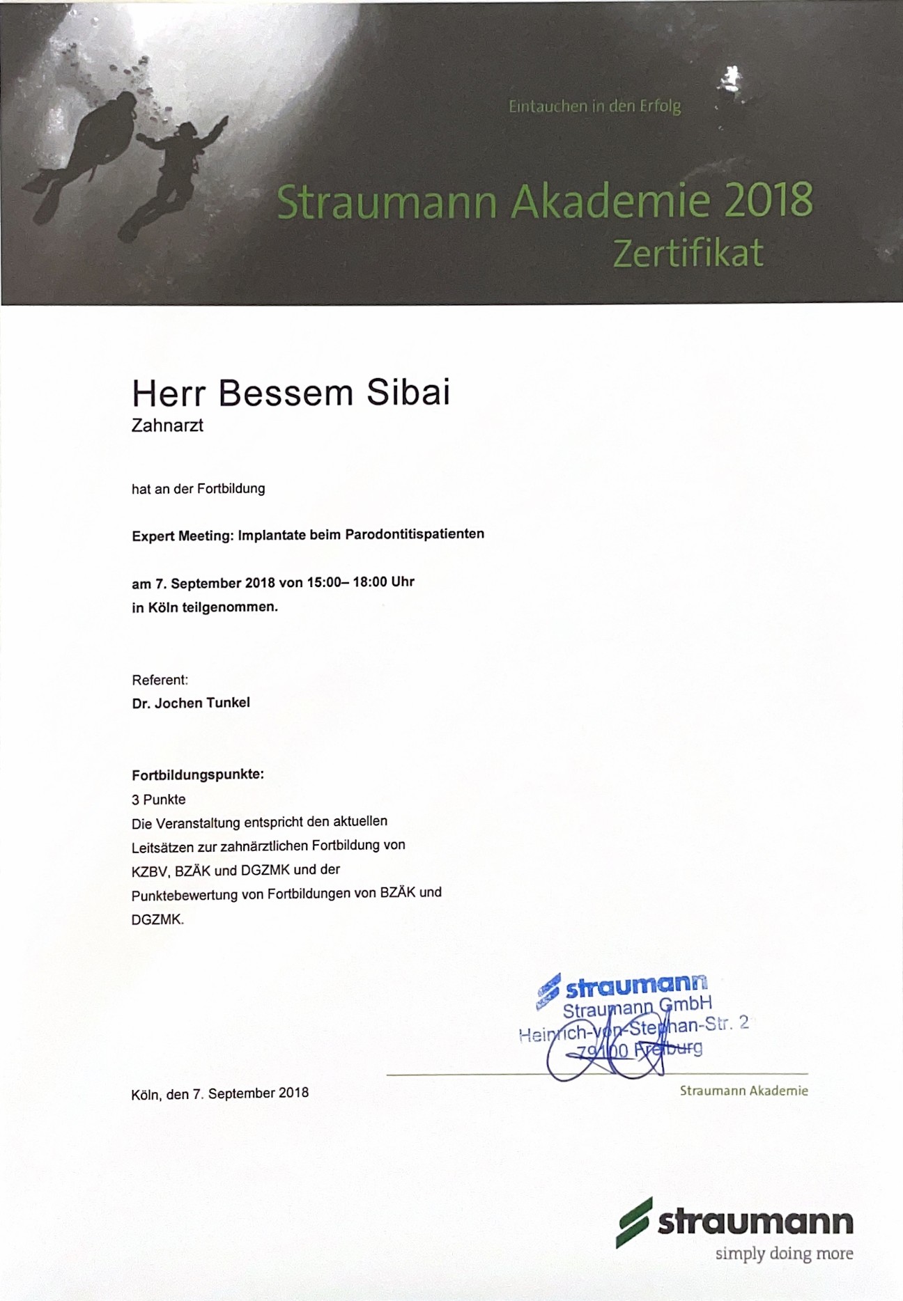 Zertifikat Straumann Akademie Expert Meeting Implantate bei Parodontitis Bessem Sibai Zahnarztpraxis BochumDent